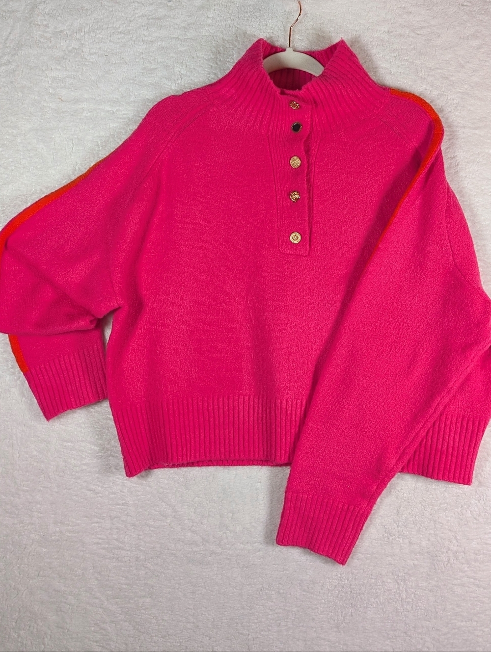 THML Women’s Hot Pink Button-Front Mock Neck Sweater